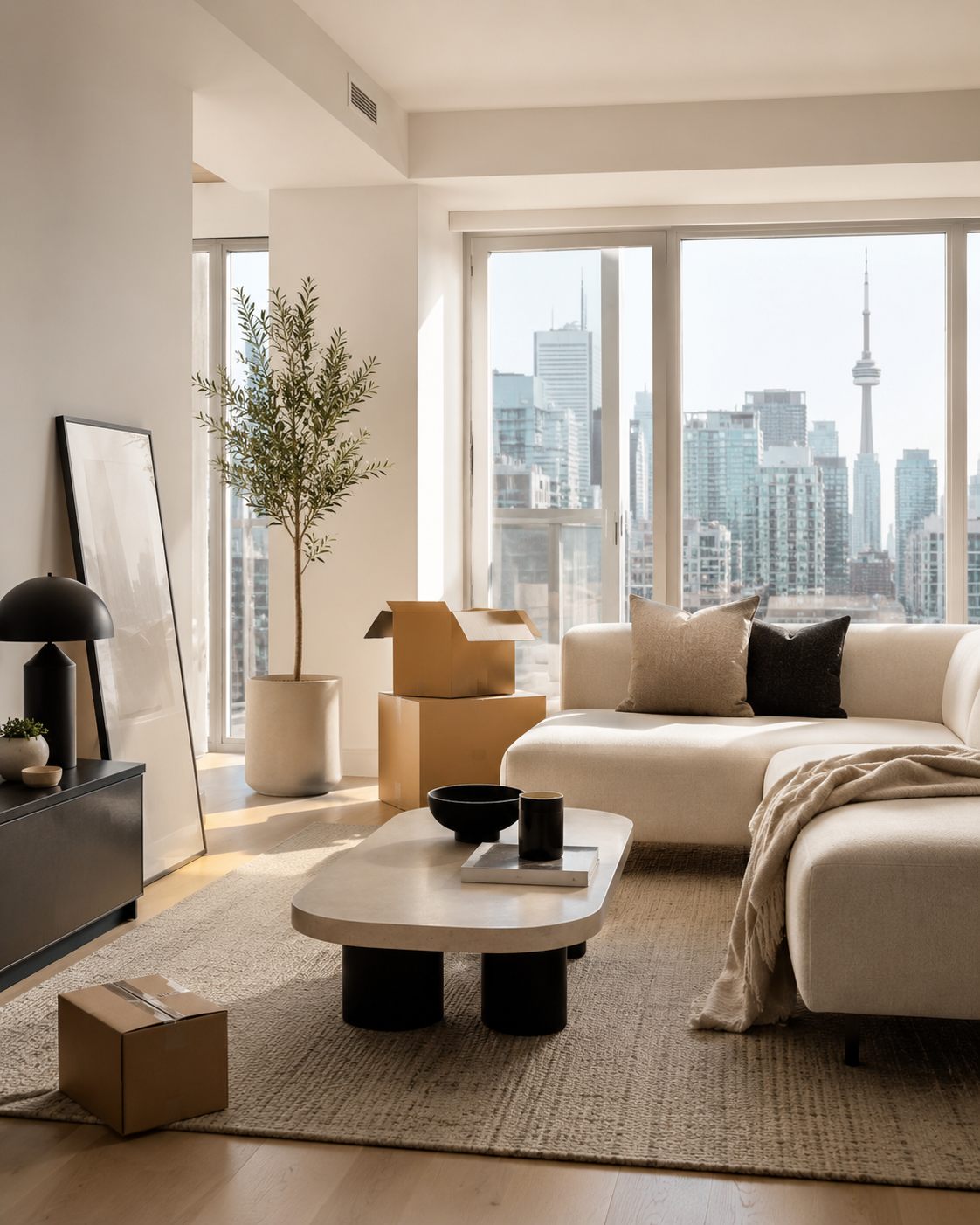 A premium Toronto condo living room that feels recently moved into, with subtle boxes and unfinished details still visible.