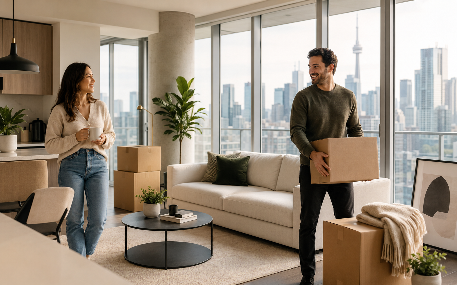 Young professionals settling into a bright Toronto condo.