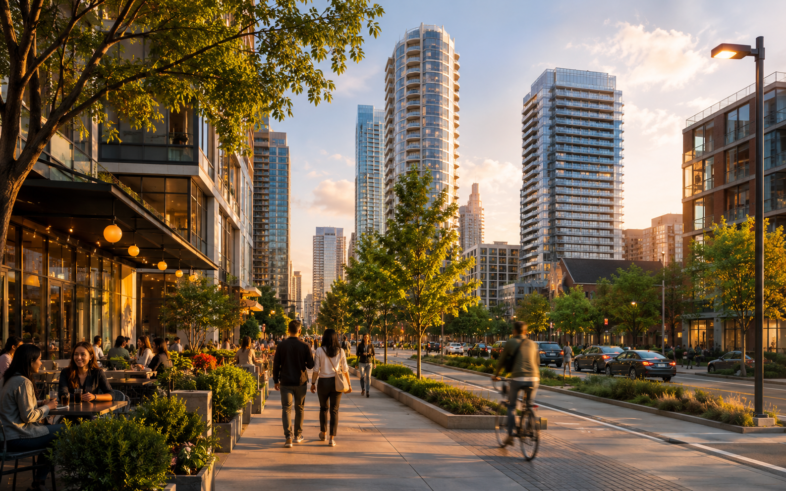 Warm golden-hour streetscape in Midtown Toronto with modern condo buildings.