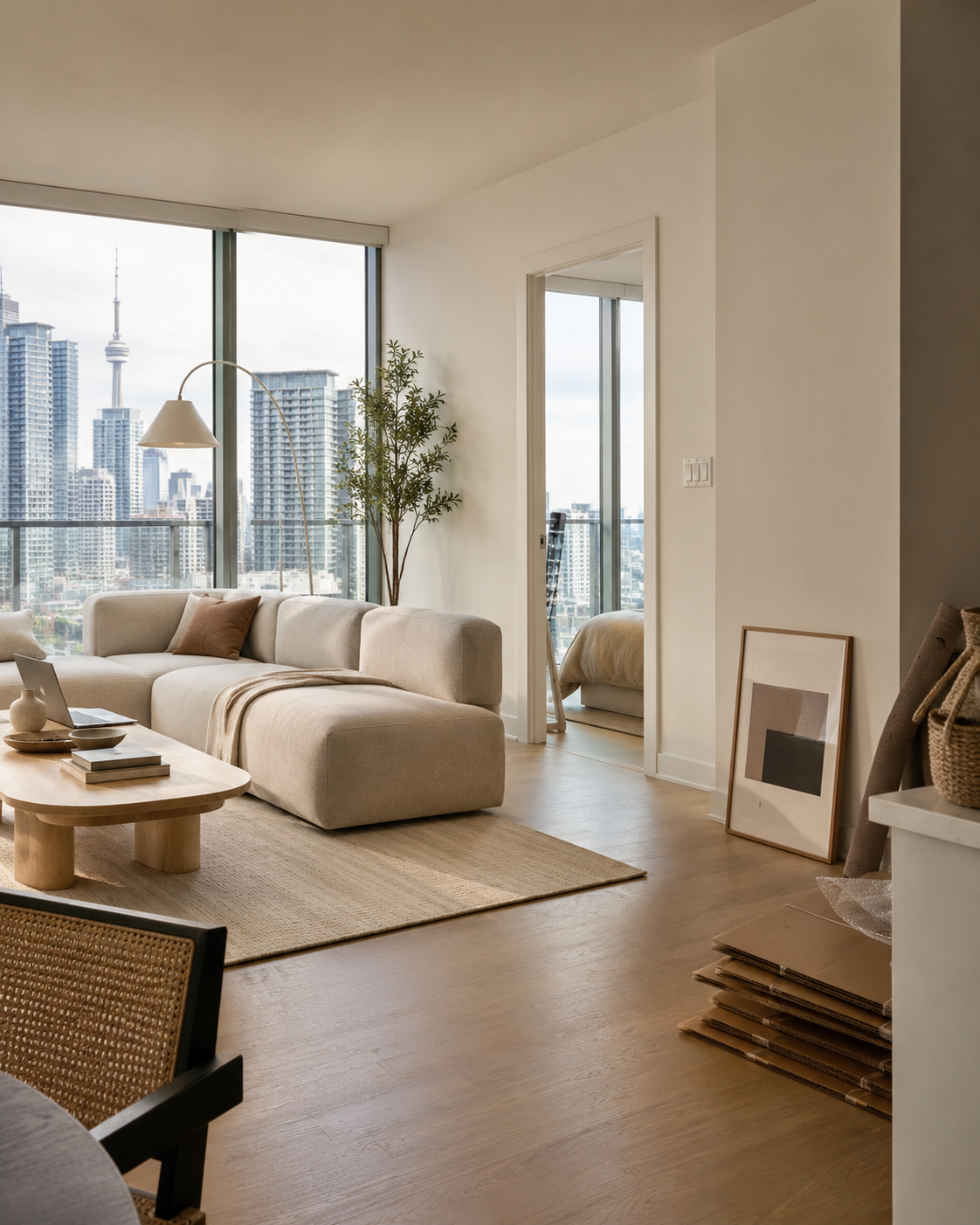A bright upscale condo interior that feels newly moved into and close to settled.