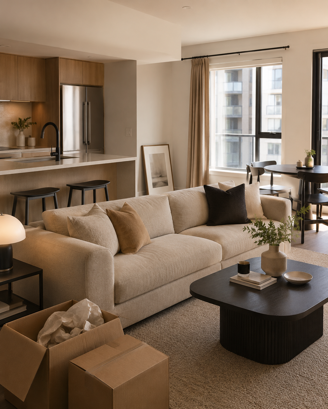 A warm premium condo interior with subtle move-in details and a polished lived-in feel.